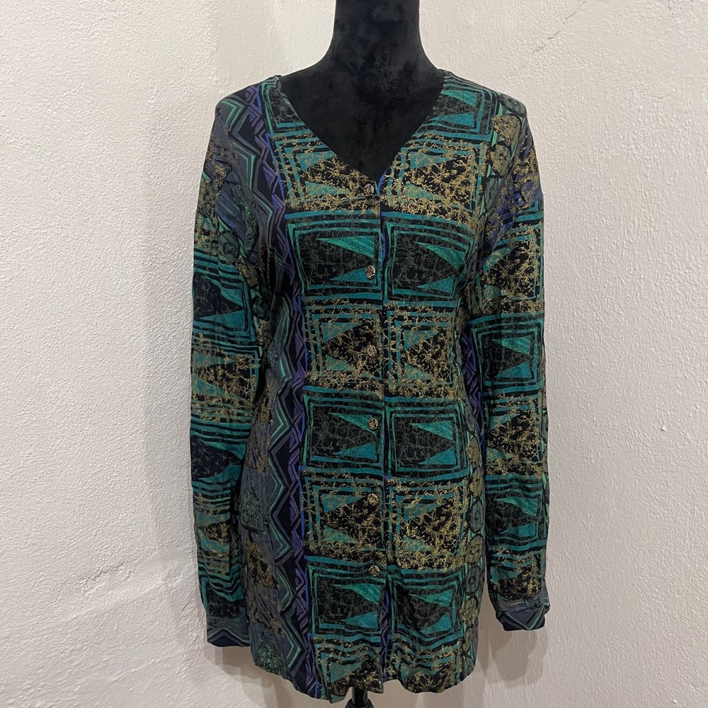 Vintage Retro Button Down Blouse | Turquoise, Purple, Black & Gold | Long Sleeve